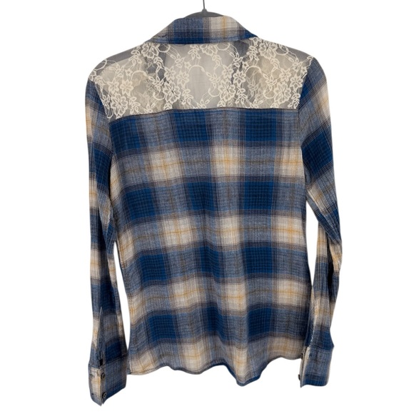 Vintage Mudd Womens Y2K Guazy Plaid Button Up With Lace Back Size Medium Blue - Picture 2 of 7